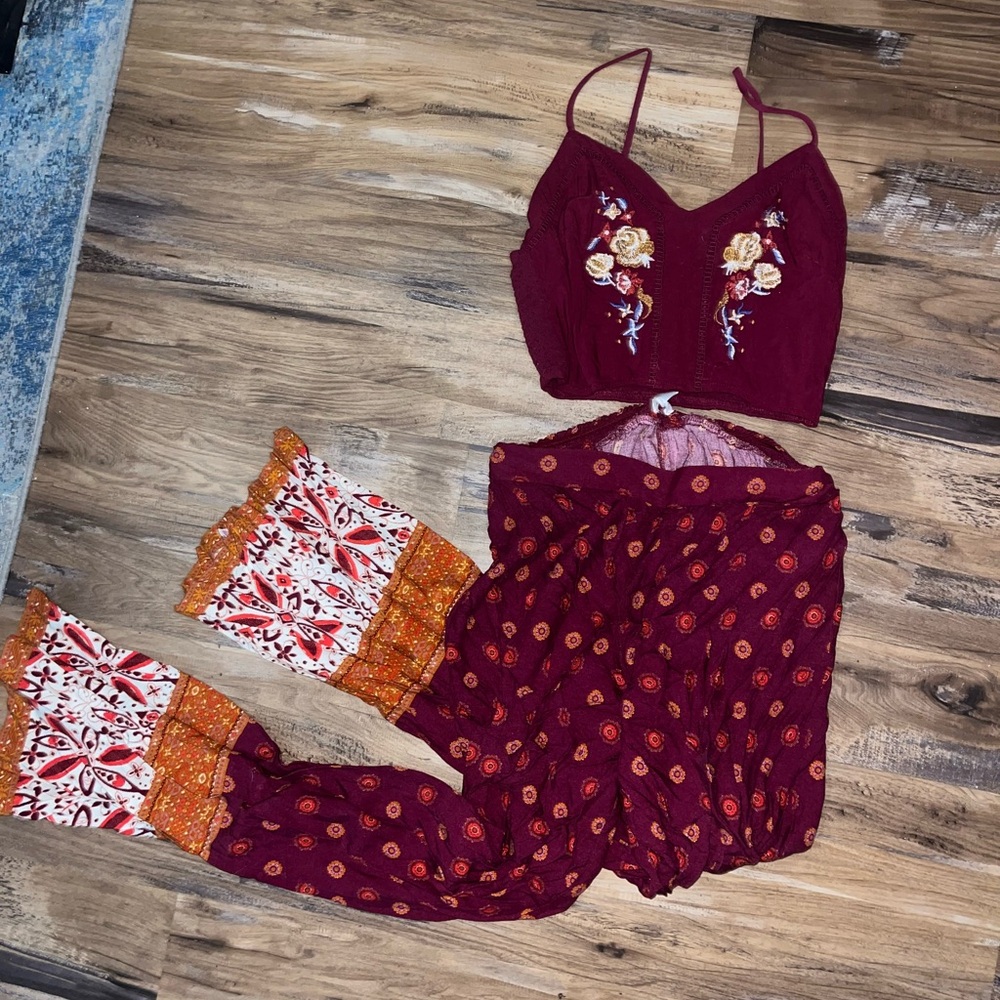 Burgundy floral two piece crop pants set bohemian